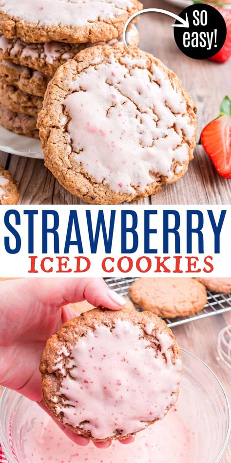 Strawberry Cookies are soft-baked cookies loaded with wholesome oats and dried strawberries. Topped with a sweet strawberry icing, these are not only beautiful, but delicious too! Strawberry Iced Oatmeal Cookies, Adorable Desserts, Copycat Cookies, Freezer Desserts, Strawberry Sugar Cookies, Strawberry Icing, Iced Oatmeal Cookies, Bakery Goods, Soft Baked Cookies