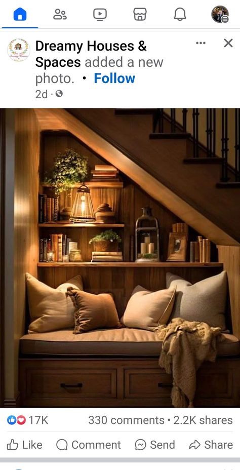 Tiny Book Nook Ideas, Book Nook Under Stairs, Under Stairs Bookshelf, Under Stairs Book Nook, Bookshelf Under Stairs, Under The Stairs Reading Nook, Staircase Bookshelves, Living Room With Stairs, Staircase Bookshelf