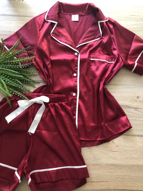 Red Silk Pajamas, Couple Pajamas Christmas, Night Pjs, Red Pjs, Sleep Outfit, Silk Pj Set, Cherry Girl, Pajamas Aesthetic, Hogwarts Outfits