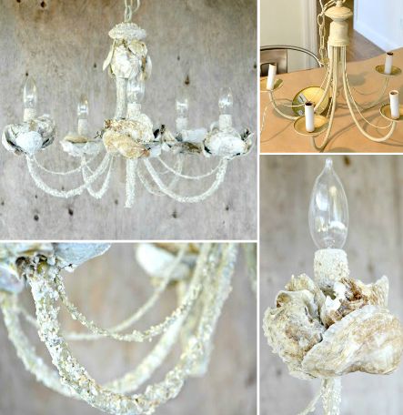 DIY Upcycled Shell Chandeliers  http://www.completely-coastal.com/2015/08/diy-shell-chandelier.html Seashell Chandelier, Simple Chandelier, Seashell Mirror, Diy Pendant Light, Shell Chandelier, Oyster Shell Crafts, Nautical Crafts, Shell Decorations, Living Vintage