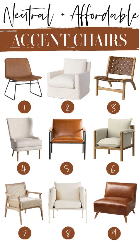 The best neutral accent chairs. Budget friendly accent chairs. Accent Chairs Brown Leather Couch, Accent Chairs For Brown Leather Sofa, Tan Chairs Living Room, Accent Chairs For Bedroom Ideas, Mismatched Accent Chairs, Leather Couch With Accent Chairs, Four Chairs Seating Area, Sitting Room Chairs Furniture, Cognac Accent Chair