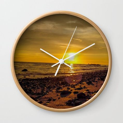 Cool Beach Sunset Wall Clock Clock Wall Decor, Beach Sunset, White Frame, Natural Wood, Time Piece, Decorative Pieces, Wall Clock, Clock, Wall Decor