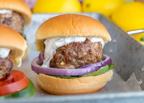 Greek Meatball Sliders with Tzatziki Sauce Fast Easy Supper, Vacation Meal Planning, Slow Cooker Meal, Meatball Sliders, Potato Rolls, Greek Meatballs, Vacation Meals, Potato Roll, 7 Day Meal Plan