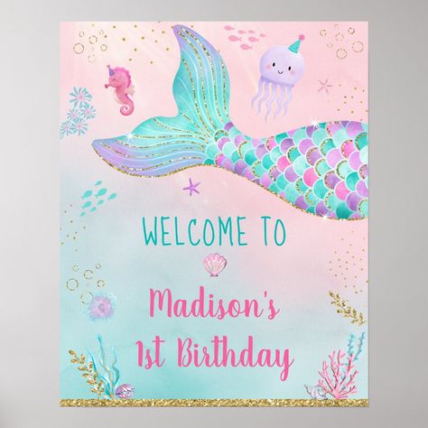 Mermaid Pink Gold Under The Sea Birthday Welcome Poster - under the sea party decor Colorful Mermaid, Pink Gold Birthday, Mermaid Birthday Party Decorations, Party Entrance, Mermaid Pink, Under The Sea Birthday, Gold Mermaid, Pink Mermaid, Sea Birthday