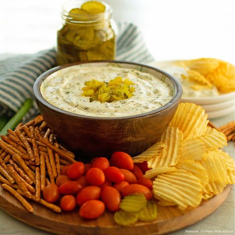 Dill Pickle Dip Buttermilk Ranch Dip, Dill Pickle Dip Recipe, Southern Style Kitchen, Homemade French Onion Dip, Baked Spinach Artichoke Dip, Baked Potato Dip, Dry Buttermilk, Melissas Southern Style Kitchen, Easy Pickle