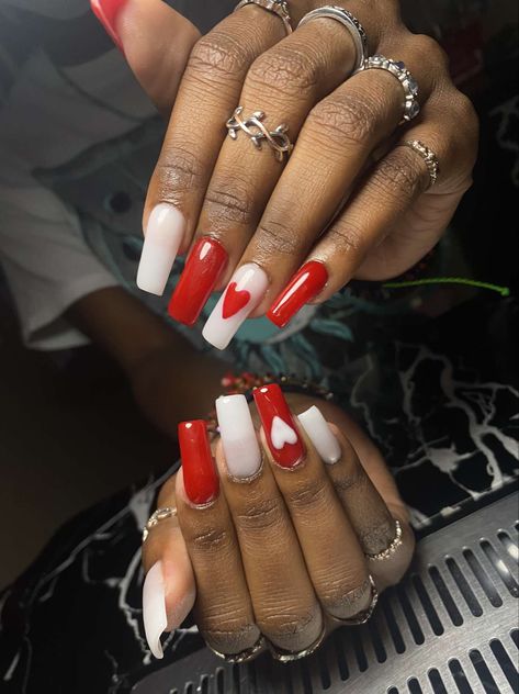 Red Square Valentines Nails, Red And Black Cow Print Nails, Nail Ideas For Valentines Day Simple, Valintens Nail Ideas Acrylic, Red And White Nails Short, Nails Short Tips, Red And White Nail Ideas, Red Prom Nails Acrylic, Cute Red Nail Ideas