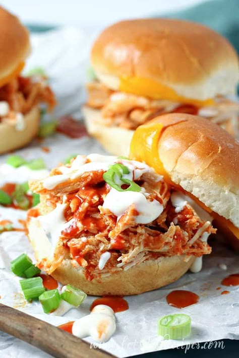 Shredded Buffalo Chicken Sandwiches (Slow Cooker) Cajun Chicken Fettuccine, Crockpot Rotisserie Chicken, Sandwich Buns, Crockpot Chicken Spaghetti, Chicken Potato Soup, Shredded Buffalo Chicken, Fish Fillet Recipe, Easy Buffalo Chicken, Crockpot Chicken And Dumplings