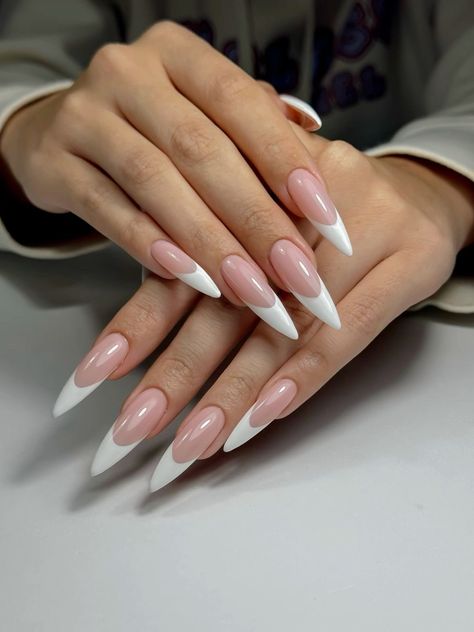 Bermuda Nails, Long Acrylic French Tip, French Tip Stiletto Nails Long, French Stiletto Nails Design, Gelx Apres Nails, French Tip Stiletto Nails, Rounded Stiletto Nails, Simple Stiletto Nails, French Stiletto Nails