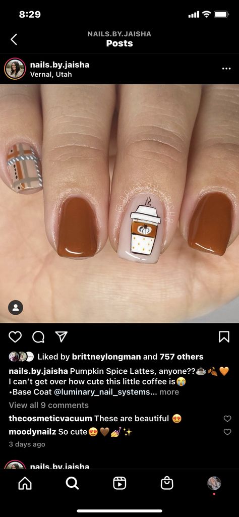 Fall Coffee Nails, Psl Nails, Pumpkin Sunflower Nails, Fall Gnome Nail Art, Fall Character Nails, Pumpkin Spice Latte Nails, Iced Coffee Nails, Fall Luminary Nails, Fall Apple Nails