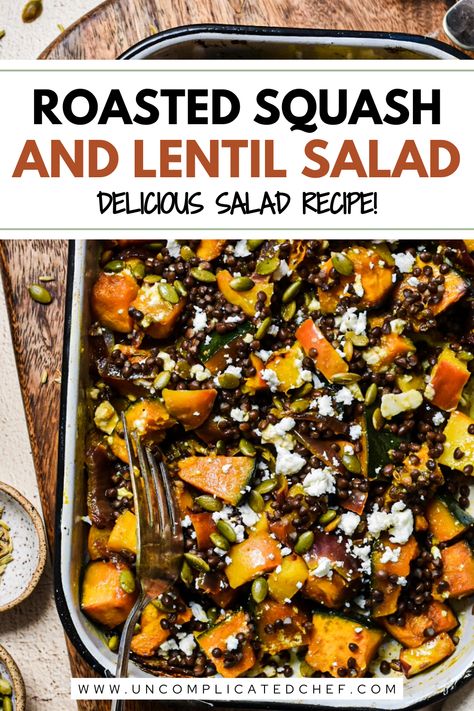 An image of Roasted Squash and Lentil Salad in a black bowl Lentil Salad With Roasted Vegetables, Roasted Veggie Lentil Salad, Lentil Feta Salad, Lentil Side Dish Recipes, Thanksgiving Roasted Vegetables, Lentil Side Dish, Bean Side Dish, Salad Thanksgiving, Roasted Kabocha Squash