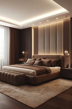 Silver Bedroom Furniture, Beige And Brown Bedroom Ideas, Bedroom Decor Ideas Aesthetic, Fall Bed, Brown Bedroom Ideas, Modern Bedroom Lighting, Home Designs Exterior, Silver Bedroom, Brown Rooms