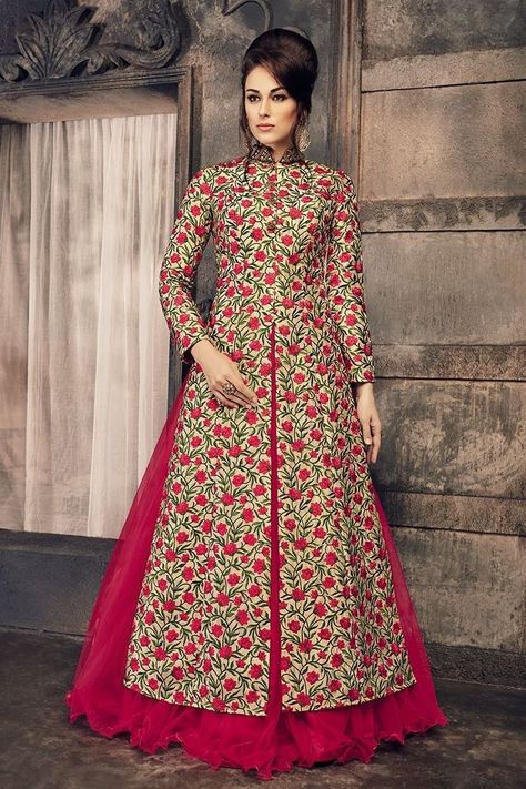 Long Top With Skirt, Indowestern Lehenga, Indian Kurtis, Indian Fabrics, Top With Skirt, Long Gown Design, Long Kurti, Long Kurti Designs, Long Dress Design