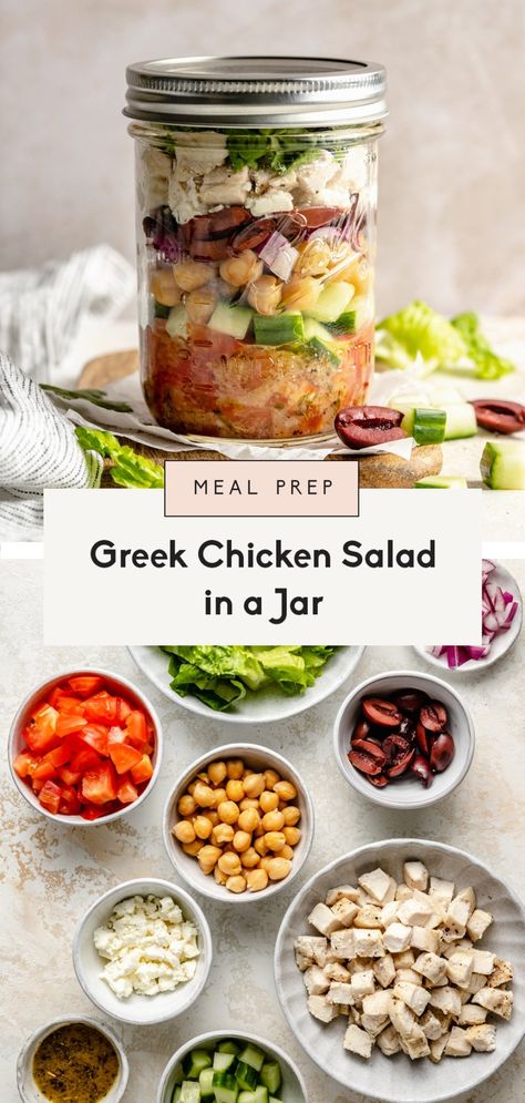 The best healthy Greek-inspired chicken salad loaded with chickpeas, fresh veggies, feta, and kalamata olives. Toss this light and simple Greek chicken salad with a flavorful Greek dressing, layer in a mason jar, or put it in meal prep containers for the perfect weekday lunch! #mealprep #saladrecipe #healthylunch #greeksalad #masonjarsalad #saladjar Chicken Salad In A Jar, Mason Jar Meal Prep, Mason Jar Lunch, Dairy Free Salads, Salad Jar Recipe, Greek Chickpeas, Greek Chicken Salad, Greek Dressing, Mason Jar Salad Recipes