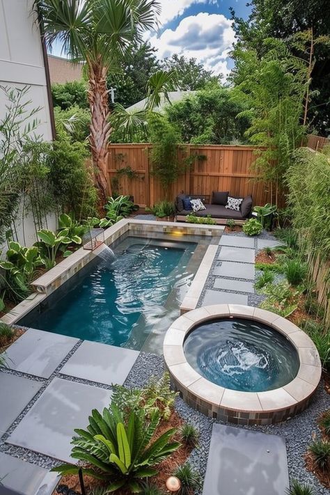 Plunge Pool With Hot Tub, Small Backyard With Pool, Plunge Pool Ideas Small Spaces, Pool Alternatives, Mini Pool Ideas, Pool Plans, Small Backyard Pool Ideas, Cocktail Pool, Cowboy Pool