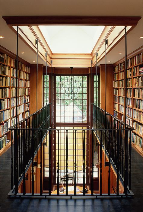 Library With Mezzanine, Wrap Around Library, Double Height Library, Two Story Library Home, Library Mezzanine, Library Balcony, Shaker Architecture, Two Story Library, Mezzanine Library