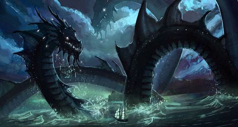 Sea Orc Dragon, Sea Dragons Art, Sea Dragon Fantasy Art, Amphitere Dragon, Sea Dragon Mythical, Sea Monster Concept Art, Sea Serpent Art, Giant Sea Serpent, Deep Sea Dragon