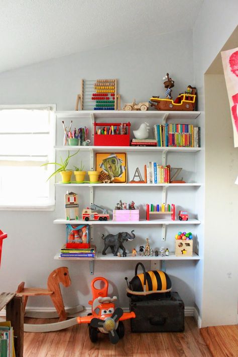 Toy shelves for big boys Wall Shelves Bedroom Kids, Playroom Shelving Ideas Wall Shelves, Shelving For Toys, Wall Shelves For Toys, Built In Shelves For Toys, Floating Toy Shelves, Kids Toy Shelves, Playroom Shelves Wall, Toy Shelves For Kids Room