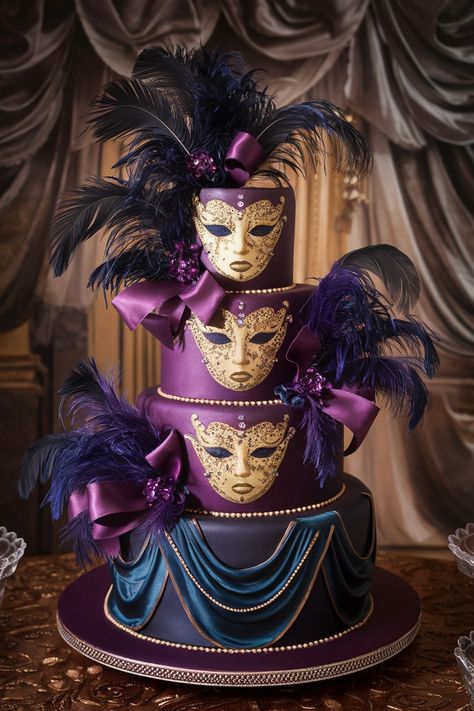 Masquerade Ball Magic: Jewel-Toned Birthday Cake Masterpiece Masquerade Quinceanera Ideas, Masquerade Party Cake, Masquerade Ball Aesthetic, Sweet 16 Masquerade Party, Masquerade Ideas, Masquerade Cakes, Birthday Cake Aesthetic, Purple Cakes Birthday, Crystal Decorations