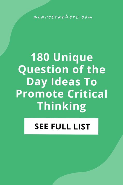 Asking a question of the day builds community and critical thinking. Here are lists for every grade plus a free Google Slides presentation. Question Of The Day Ideas, Study Skills Activities, Study Skills Worksheets, Unique Questions, Effective Classroom Management, Describe Your Personality, Critical Thinking Questions, Questions For Friends, Classroom Management Tool