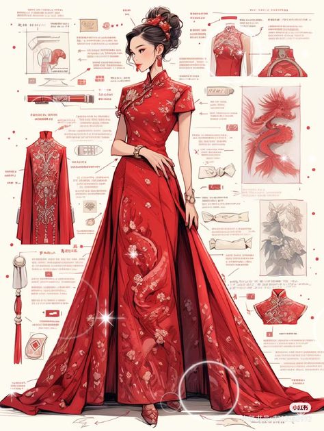 70s Chinese Fashion, Japanese Empress Dress, Asian Royalty Aesthetic, Chinese Fashion Aesthetic, Princess Outfits Royal, Bridal Qipao, Red Chinese Wedding Dress, Chinese Prom Dress, Chinese Princess Dress