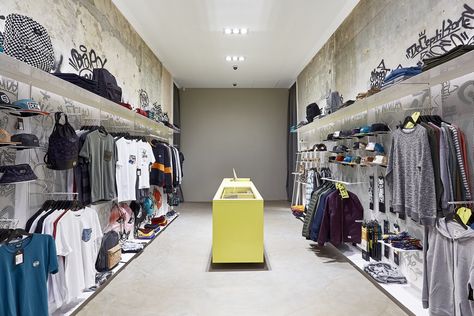 Base Streetwear Store * Retail Interior Design Project in an orthogonal yellow focused store space. — ness Streetwear Store Design, Streetwear Store Interior Design, Streetwear Store Interior, Interior Store Design, Streetwear Boutique, Streetwear Store, Retail Store Interior Design, Retail Space Design, Clothing Store Interior