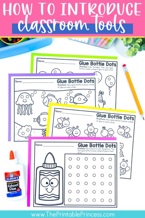 These tips and hands-on activities will help you explicitly teach students how to use classroom supplies for kindergarten and strengthen their fine motor muscles. You will find tips for teaching students to use scissors, glue sticks, crayons and pencils, hole punch, bingo dabbers, and more. #classroomtools #kindergartenteacher #iteachk Kindergarten Glue Practice, How To Use School Supplies Kindergarten, Phonics Rules, First Year Teaching, Preschool Planning, Classroom Tools, School Week, Teaching Students, School Glue