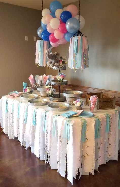 Gender Reveal Table Set Up Decoration, Gender Reveal Table, Gender Reveal Table Set Up, Food Table Decorations, Gender Reveal Food, Gender Reveal Party Food, Simple Gender Reveal, Gender Reveal Party Decorations, Table Set Up