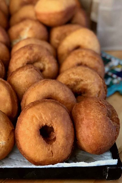 Mom's recipe for her delicious homemade buttermilk doughnuts. These fry cakes are golden and crispy outside and tender and delicious inside! Great plain, frosted, or coated in powdered or cinnamon sugar! Get this old fashioned homemade doughnut and more at Grumpy's Honeybunch website. Healthy Old Fashioned Donut Recipe, Self Rising Flour Doughnut Recipe, Cake Doughnuts Old Fashioned, Fry Cakes Donut Recipes, Fried Doughnuts Recipe, Plain Cake Donut Recipe, Drop Donuts Old Fashioned, Recipes For Buttermilk, Old Fashioned Cake Donuts Recipe