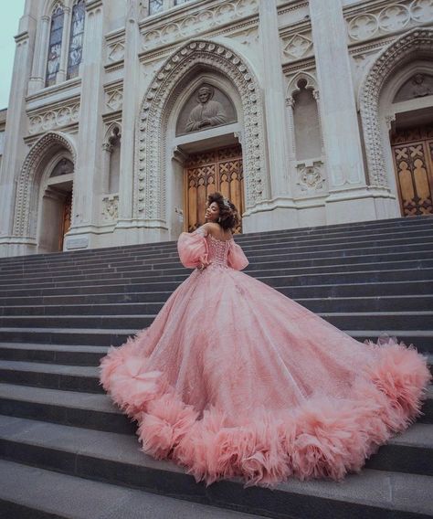 long fluffy pink wedding gown , wedding photography , beautiful wedding photoshoot , princess wedding dress , stairs photoshoot Stairs Photoshoot, Pink Wedding Gown, Poofy Prom Dresses, Fluffy Wedding Dress, Poofy Dress, Pink Ball Gown, Big Dresses, Quinceanera Dresses Blue, Pretty Quinceanera Dresses