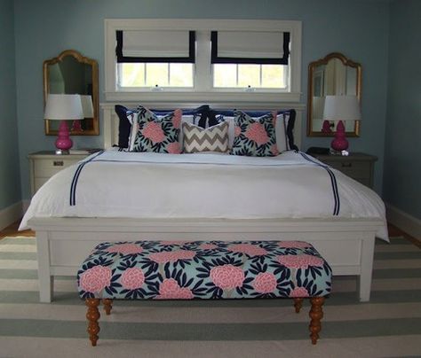 chevron: dream home edition Pink And Blue Fabric, Fabric Headboards, Caitlin Wilson, White Bed Frame, White Bedside Table, Beautiful Bedrooms, Headboards, Dream Bedroom, My New Room