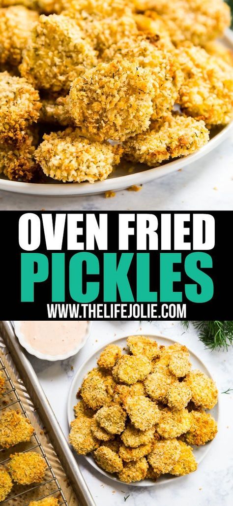 Oven Fried Pickles are the game day snack that dreams are made of! They're super easy to make with dill pickle chips, panic breadcrumbs, eggs and a BBQ Ranch dip, baked to be perfectly crispy and seriously easy to make! via @thelifejolie #recipes #dinner #menu #recipe #meals #holiday Oven Fried Pickles, Easy Fried Pickles, Fried Pickle Chips, Baked Pickles, Fried Dill Pickles, Fried Pickles Recipe, Dill Pickle Chips, Healthy Superbowl Snacks, Pickles Recipe