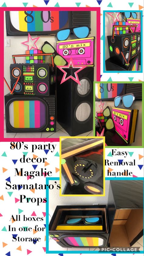 3D decor using cardbord boxes 80s Diy Decorations, Diy 80s Party Decorations, School Dance Decorations, 90s Party Ideas, Decades Party, 80s Birthday, 80s Party Decorations, 80s Birthday Parties, 90s Theme Party