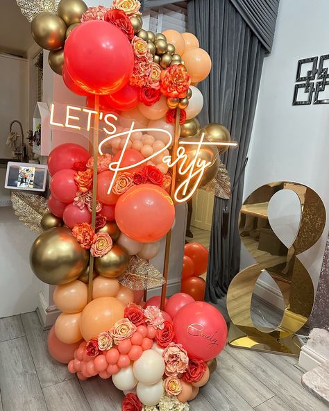 The gorgeous Ems 18th Set Up 🧡✨🌺 Just obsessed with the colour combo😍 We love new colour themes & we are always looking to design new displays for our customers! Please DM us for any quotes for any types of balloons from stacks to full room packages and we will get back to you and can help whatever the budget! We are already taking booking for 2025 now and the diary is slowly filling up so get all your balloons booked in🥳💘 #birthday #balloonsdecoration #balloonstylist #birthdayballoons #pa... Types Of Balloons, Happy Birthday Decor, Colour Themes, The Diary, 14th Birthday, Colour Combo, Balloon Garland, Color Themes, Birthday Balloons