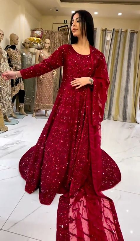 Stunning Bridal Maxi With Huge Back Tale Full Embroidery Work & Dupatta Corner Bordered...! Bridal Maxi, Corner Borders, Black Nails With Glitter, Red Gowns, Dress Inspo, Embroidery Work, Black Nails, Wedding Hairstyles, Long Sleeve Dress