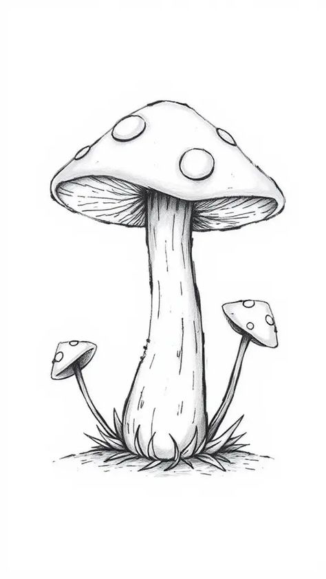 Check Out This Cute Mushroom Drawing & 12+ Other Mushroom Drawing Ideas! #drawingideas #drawinginspiration Animated Mushroom Drawing, Mushroom Doodle Step By Step, Whimsical Sketches Drawings, Chantrell Mushrooms Drawing, Mushroom Drawing Colored Pencil, Cute Simple Mushroom Drawings, Vase Drawing Ideas, Cute Mushrooms Drawing, Mushroom Drawings Easy