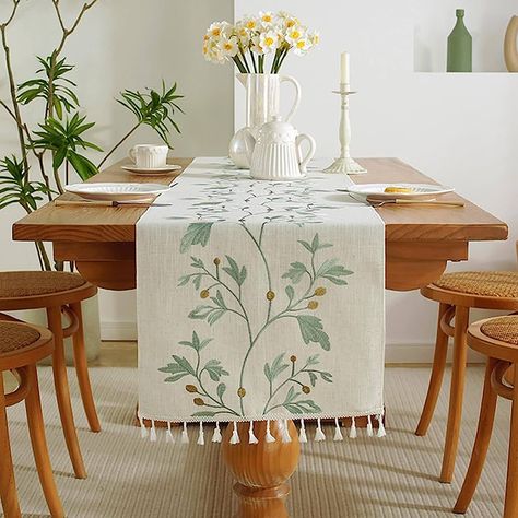 Green Leaves Table Runner Green Table Runners Leaves Table Runner 33x180cm/13x71Inch With Handmade Tassels Boho Washable Soft Polyester Linen Table Runner for Home Kitchen Dining Room Party Decor : Amazon.co.uk: Home & Kitchen Boho Table Runner, Table Restaurant, Coffee Table Mat, Printed Table Runner, Embroidered Table Runner, Floral Table Runner, Plant Table, Luxury Table, Kitchen Fabric