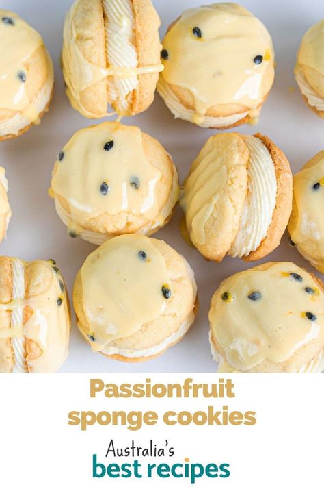 If you're a lover of passionfruit cake, then these passionfruit sponge cookies are right up your alley! They're super simple and easy to whip up. Sponge Cookies Recipe, Sponge Cookies, Passion Fruit Cream, Passionfruit Cake, Passionfruit Recipes, Fruit Cream, Sponge Cakes, Fruit Cookies, Cream Biscuits