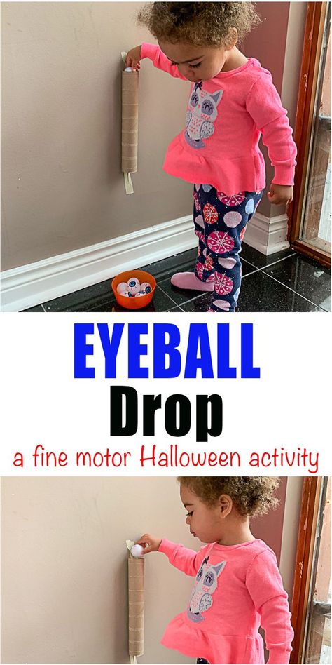 Eyeball Drop: Fine Motor Activity - HAPPY TODDLER PLAYTIME Set up this super easy fine motor Halloween activity for your toddler using novelty eyeballs! It's a great way to entertain little ones this Halloween. #halloweenactivity #toddleractivity #finemotoractivity Halloween Crafts Toddlers Preschool, Infant Halloween Party Ideas, Halloween Cognitive Activities Toddlers, Halloween Language Activities, Halloween For Toddlers, Grandchildren Activities, Halloween Toddler Party, Toddlers Crafts, Halloween Lesson Plans