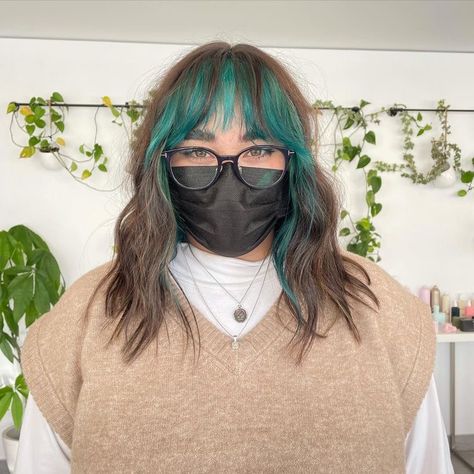 Color Bangs Only, Colour Ends Of Hair, Blue Strip In Brown Hair, Dark Brown Hair With Green Peekaboos, Teal Bangs Brown Hair, Color Streaks In Brown Hair Short, Green Highlights In Light Brown Hair, Blue And Green Color Block Hair, Dip Dyed Bangs