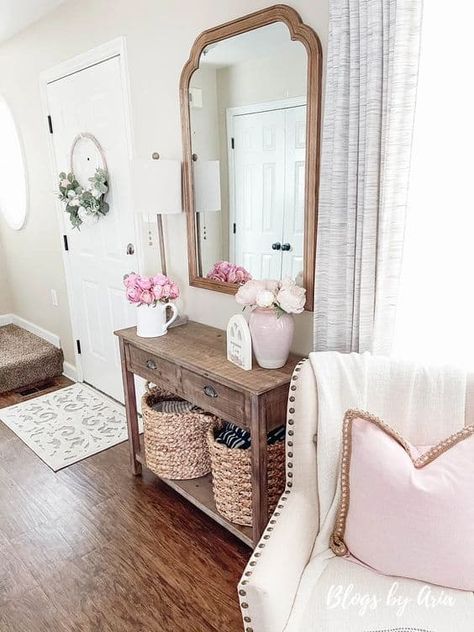 14 Valentine's Day Entryway Decor Ideas » Lady Decluttered Decorate Entryway Table, How To Decorate Entryway Table, Spring Entryway, Mirror Entryway, Lady Decluttered, Colorful Flowers Arrangements, Rustic Console, Entryway Decor Ideas, French Modern