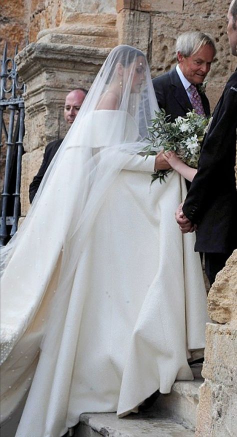 Lady Charlotte Wellesley's Stunning Off-The-Shoulder A-Line Bridal Gown With Watteau Train + Embellished Cathedral Length Drop Veil Charlotte Wellesley, Lady Charlotte Wellesley, Veil Over Face, Polka Dot Veil, Watteau Train, Duke Of Wellington, Aquarius Moon, Drop Veil, Moon Girl