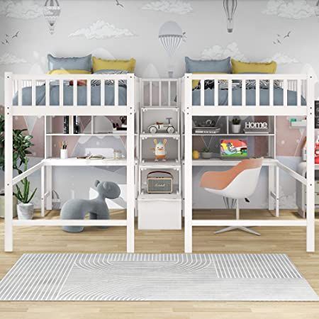 Twin & Twin Size Loft Beds with 2 Desk and Storage Shelves Double Loft Bed Frame with Stairs Corner Twin Beds for 2 Kids Girls Boys Teens, White Corner Twin Beds, Double Loft Beds, Built In Desk And Shelves, Storage Staircase, Wood Loft Bed, Trundle Bed With Storage, Loft Bed Frame, Twin Size Loft Bed, Kids Loft Beds