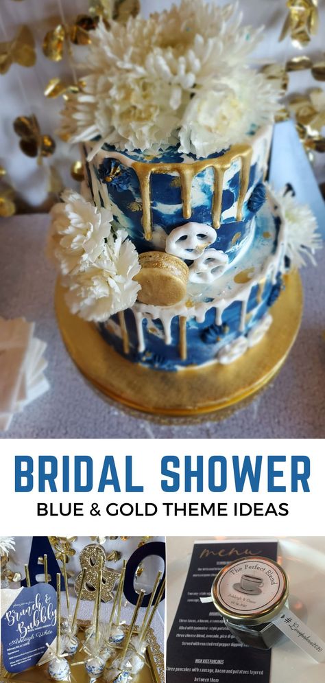 Navy blue and gold bridal shower cake and decor Blue And Gold Bridal Shower Ideas, Blue Mimosa Bar, Bridal Shower Brunch Decorations, Blue Bridal Shower Themes, Brunch Decorations, Unique Bridal Shower Themes, Mini Snacks, Bridal Shower Champagne, Theme Inspiration