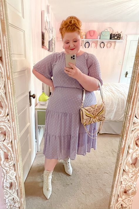 Ingenue Essence Plus Size, Classic Romantic Style Plus Size, Bridgerton Musical, Bridgerton Inspired Outfits, Classic Romantic Style, Plus Size Wedding Guest Dress, Purple Sundress, Wedding Victorian, Dress Curvy