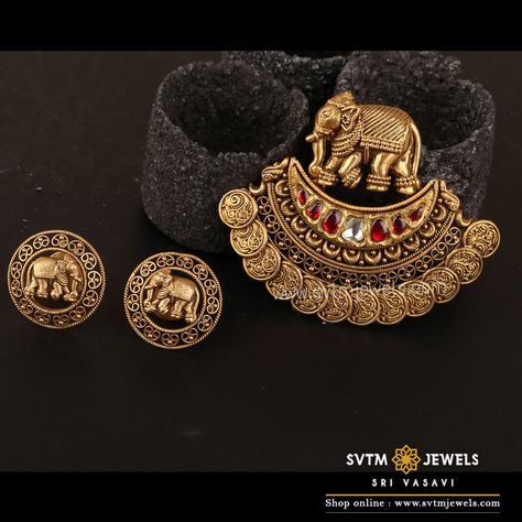 Set in 22kt yellow gold Elephant pendant with matching earrings.An enchanting accessory for an attractive look of confidence and style. Antique Sets Gold, Pendant Sets Indian Gold, Gold Pendant Jewelry Indian, Pendent Set Gold, Gold Antique Pendant, Gold Elephant Pendant, Gold Pendant Set, Temple Jewellery Earrings, Gold Temple Jewellery