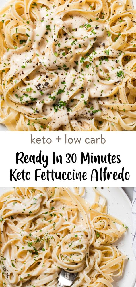 Keto fettuccine alfredo in a delicious, creamy alfredo sauce in under 30 minutes. And it’s only 5 net carbs per serving! Keto Fettuccine Alfredo, Keto Chicken Alfredo, Keto Alfredo, Keto Alfredo Sauce, Creamy Alfredo Sauce, Fettuccine Noodles, Cabbage And Sausage, Chicken Fettuccine, Fettuccine Alfredo Recipes