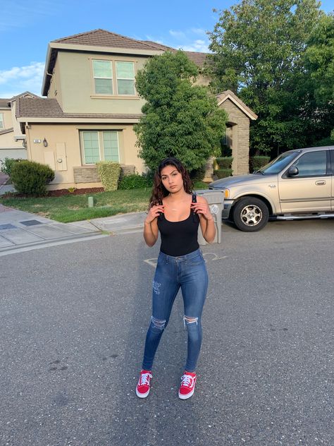 #baddie #fit #instagram #outfit #clothing #vans Red Checkered Vans Outfit, Outfits With Red Vans, Cute Outfits With Vans, Vans Outfit Baddie, Outfits With Red Shoes, Highschool Outfits Baddie, Vans Outfit Aesthetic, Red Vans Outfit, Checkered Vans Outfit