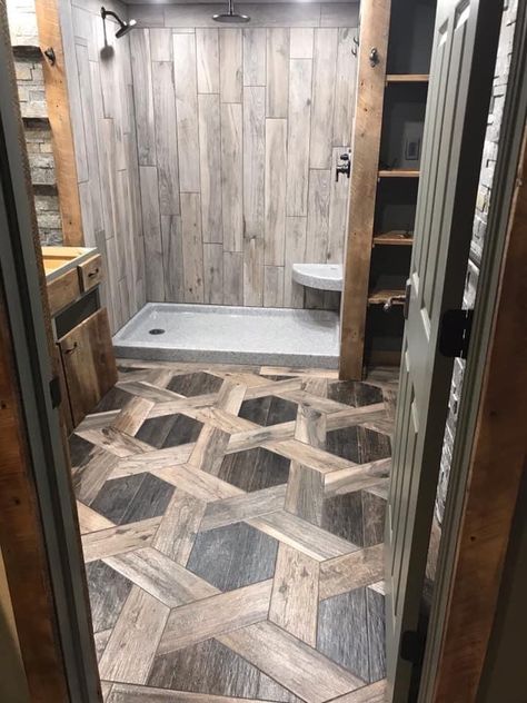 Mixed Flooring, Wood Bathroom Floor, Contractor Business, Wood Tile Bathroom Floor, Rustic Bathroom Shower, Western House, Wood Tile Bathroom, Western Bathroom, Western Farmhouse