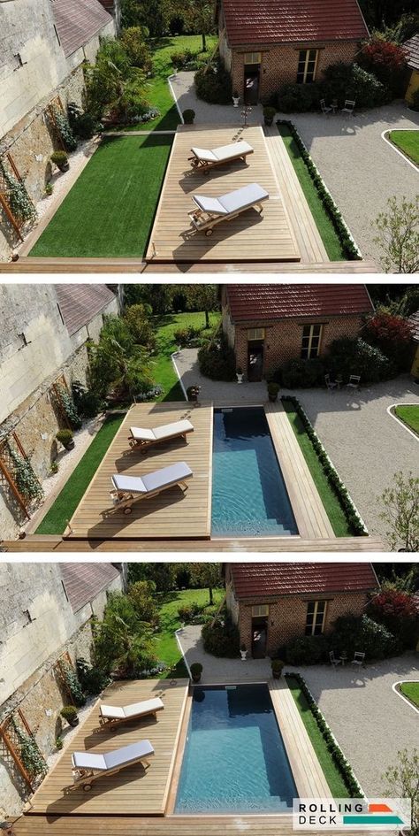 Retractable Deck Over Pool, Small Pools Backyard, Small Swimming Pools, Cool Swimming Pools, Small Pool Design, Small Pools, Backyard Pool Designs, Swimming Pools Backyard, Small Pool