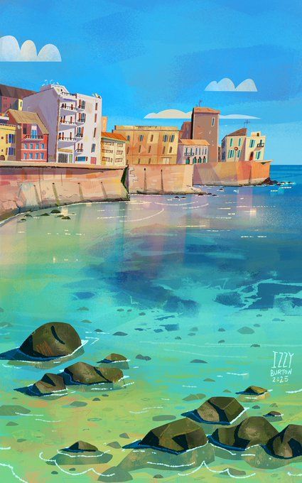 Izzy Burton, Animation Portfolio, Ocean Illustration, Shadow Illustration, Building Illustration, Perspective Art, Ocean Landscape, Different Art Styles, Creative Illustration